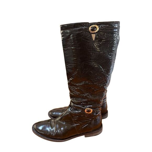 Jimmy Choo Chocolate Brown Patent Leather Riding Boots Gold Buckle Low Heel 38.5 - Picture 14 of 14